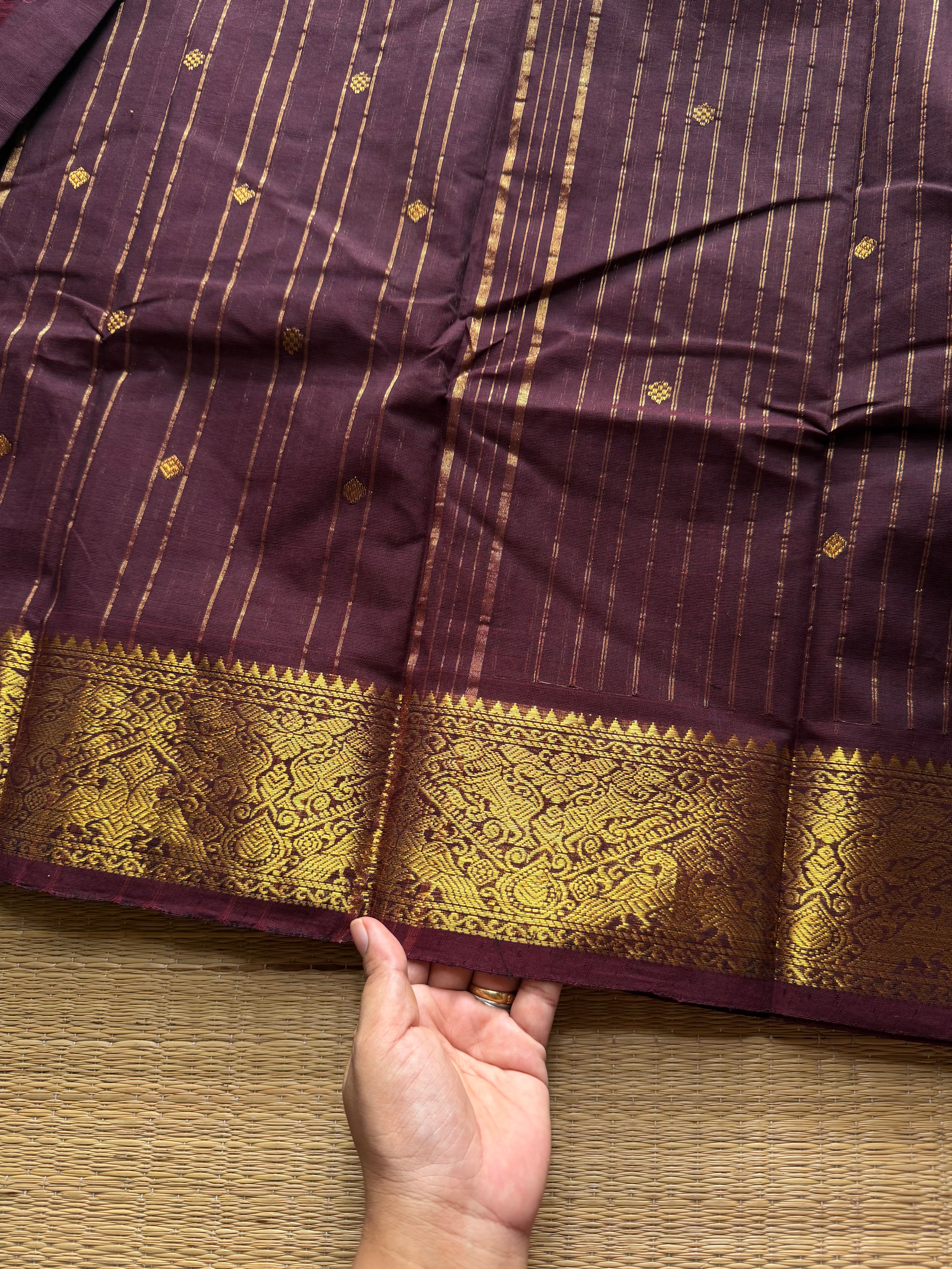 Monotone dark coffee brown shade Classic & Intricate zari woven Vanasingaram Border with vairaoosi pattern & handmade Zari Buttas
