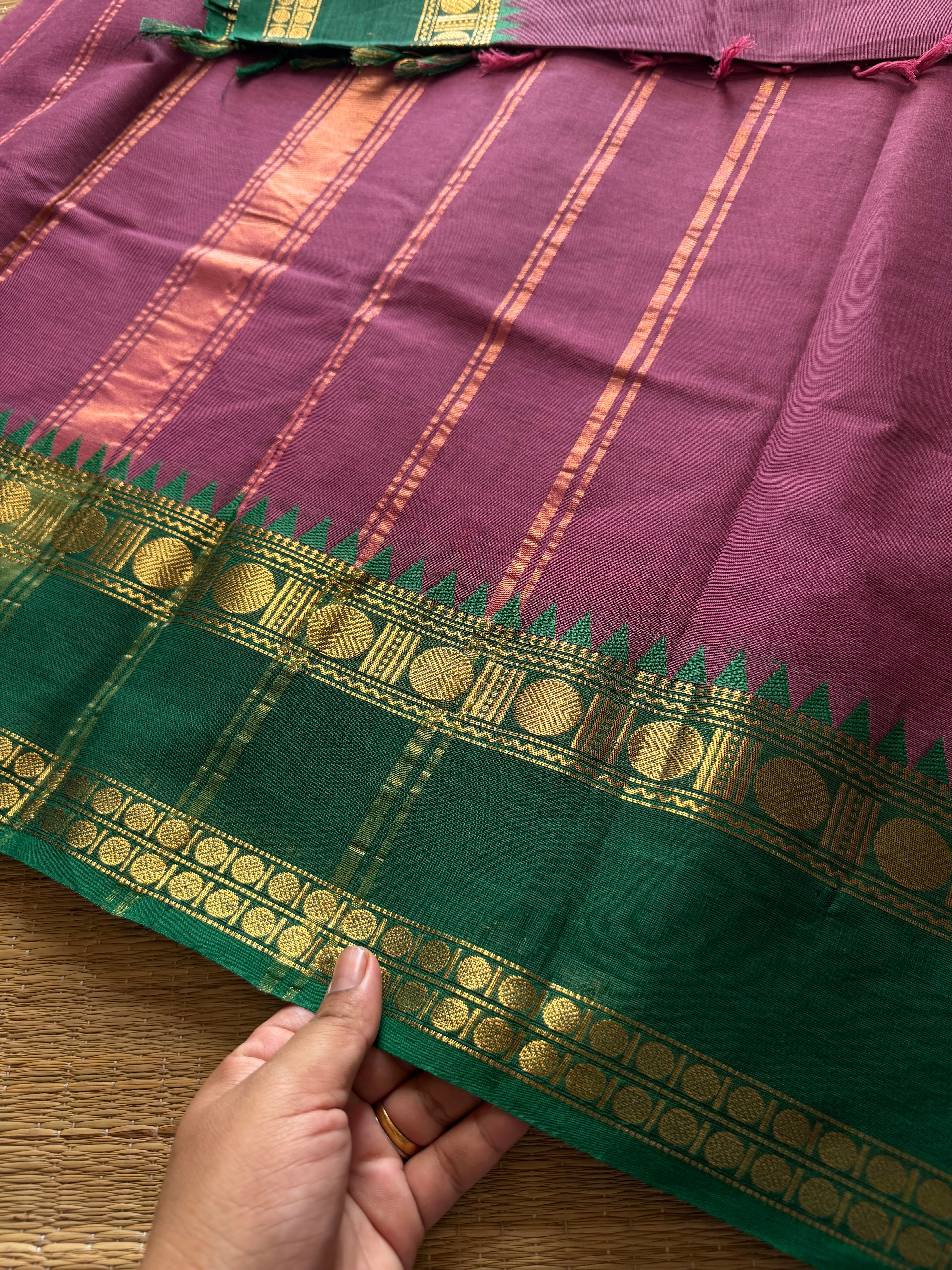 RF435 Grape shade with contrast green combination Kanchi cotton saree
