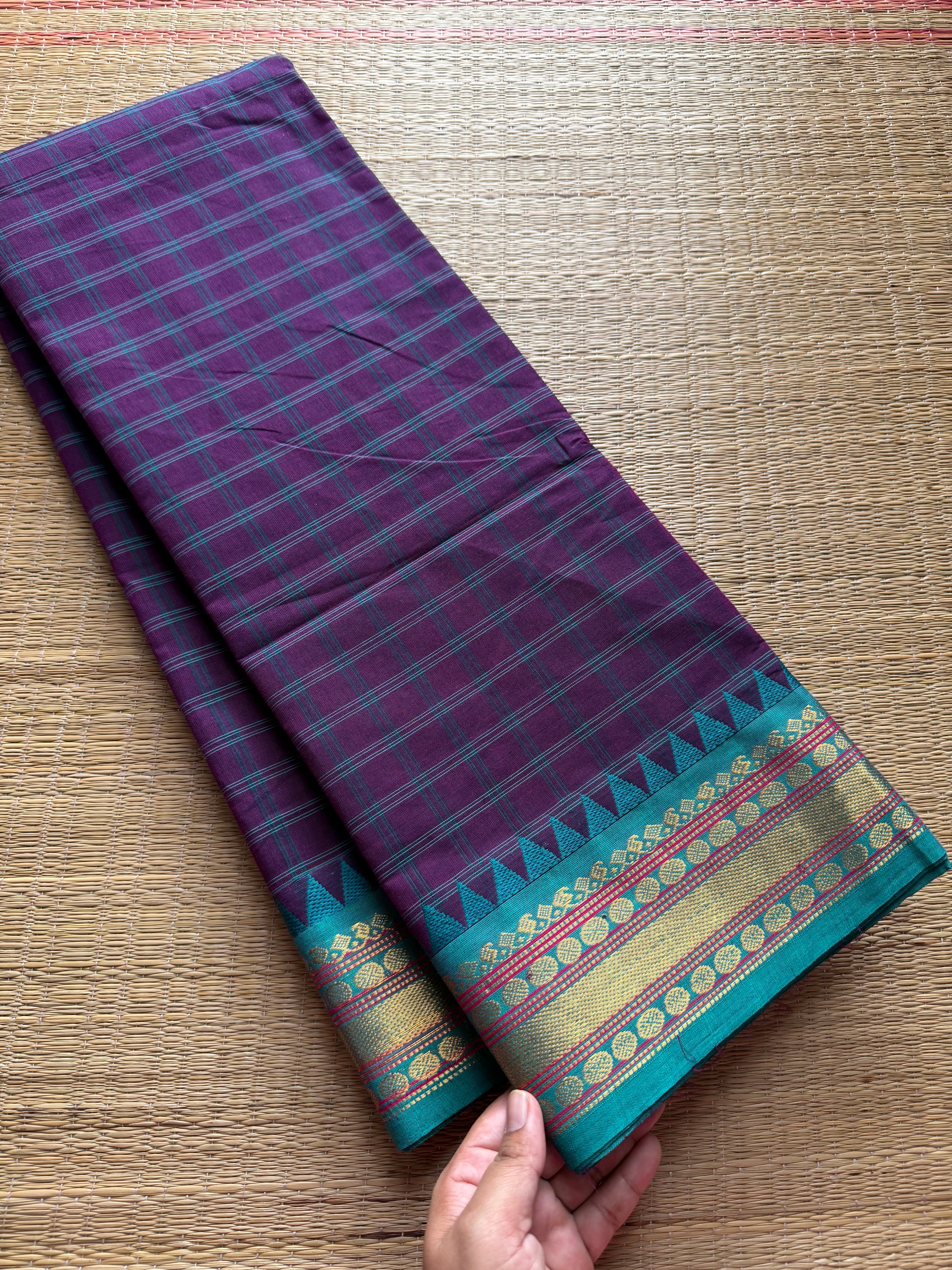 RF368 Purple with sky blue combination Kattam / checks pattern Kanchi cotton saree