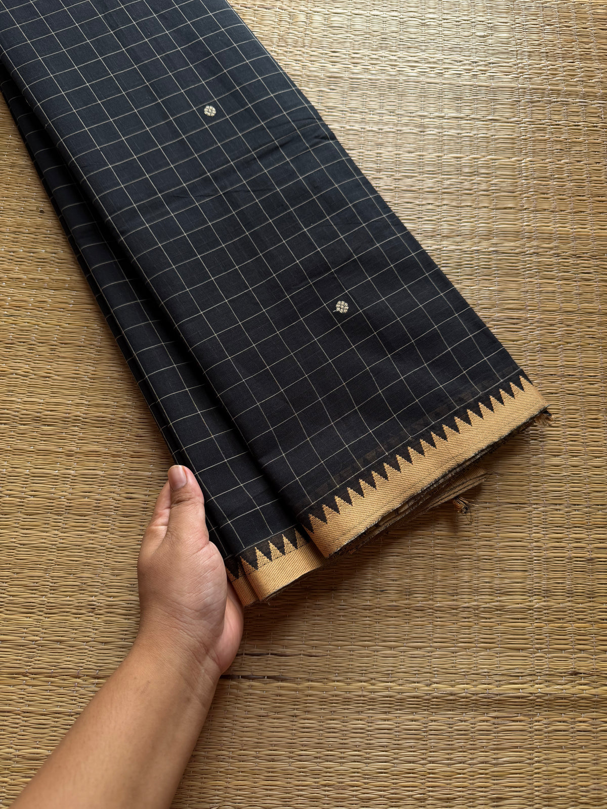 Black minimal edits ~ Premium & Soft Kanchi cotton saree with checks / Kattam pattern & handmade thread buttas