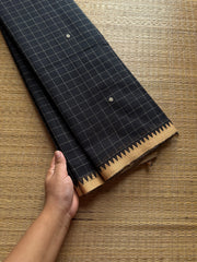 Black minimal edits ~ Premium & Soft Kanchi cotton saree with checks / Kattam pattern & handmade thread buttas