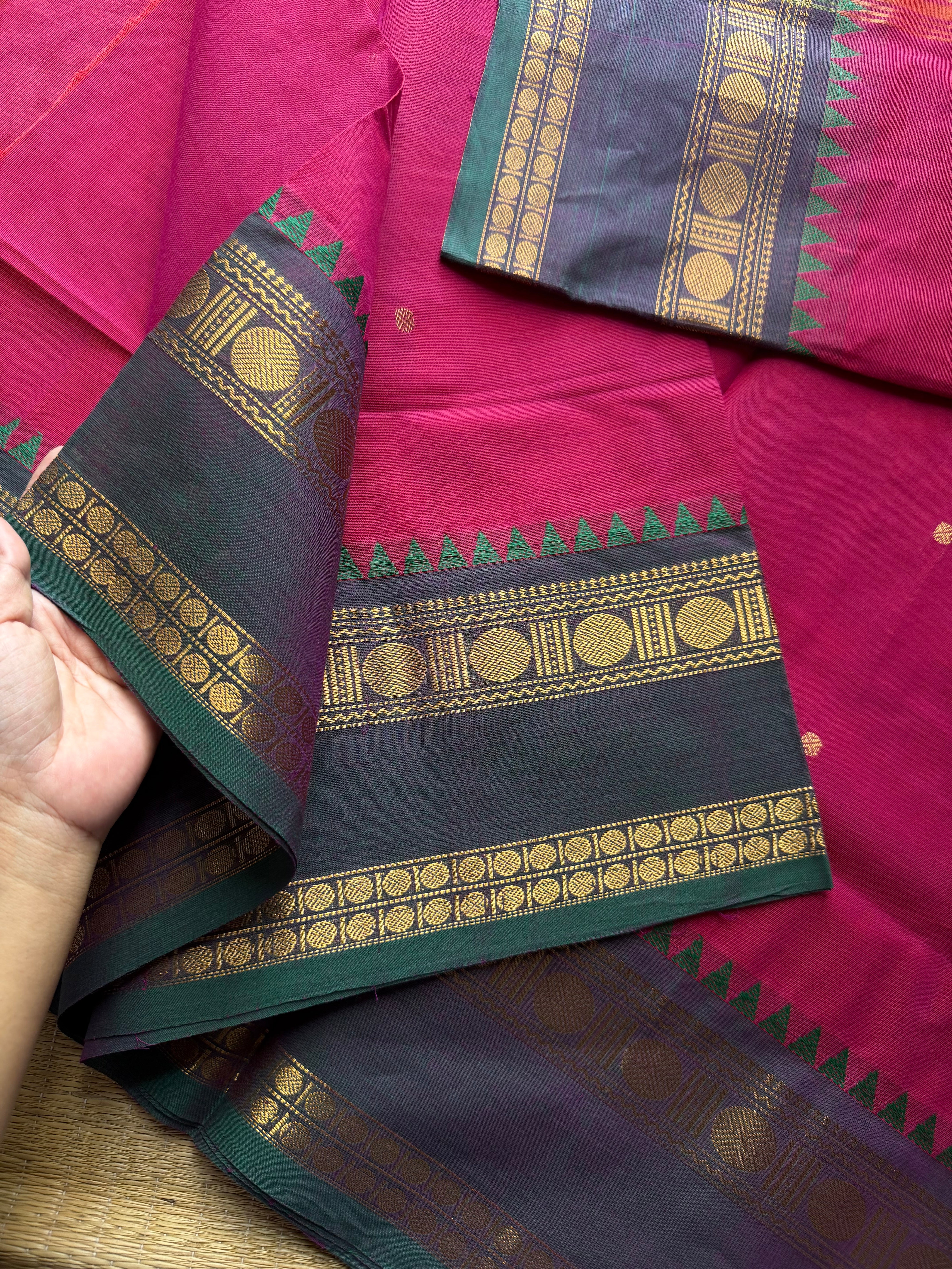 RF811 Magenta pink shade Kanchi cotton saree with handmade golden Zari Buttas