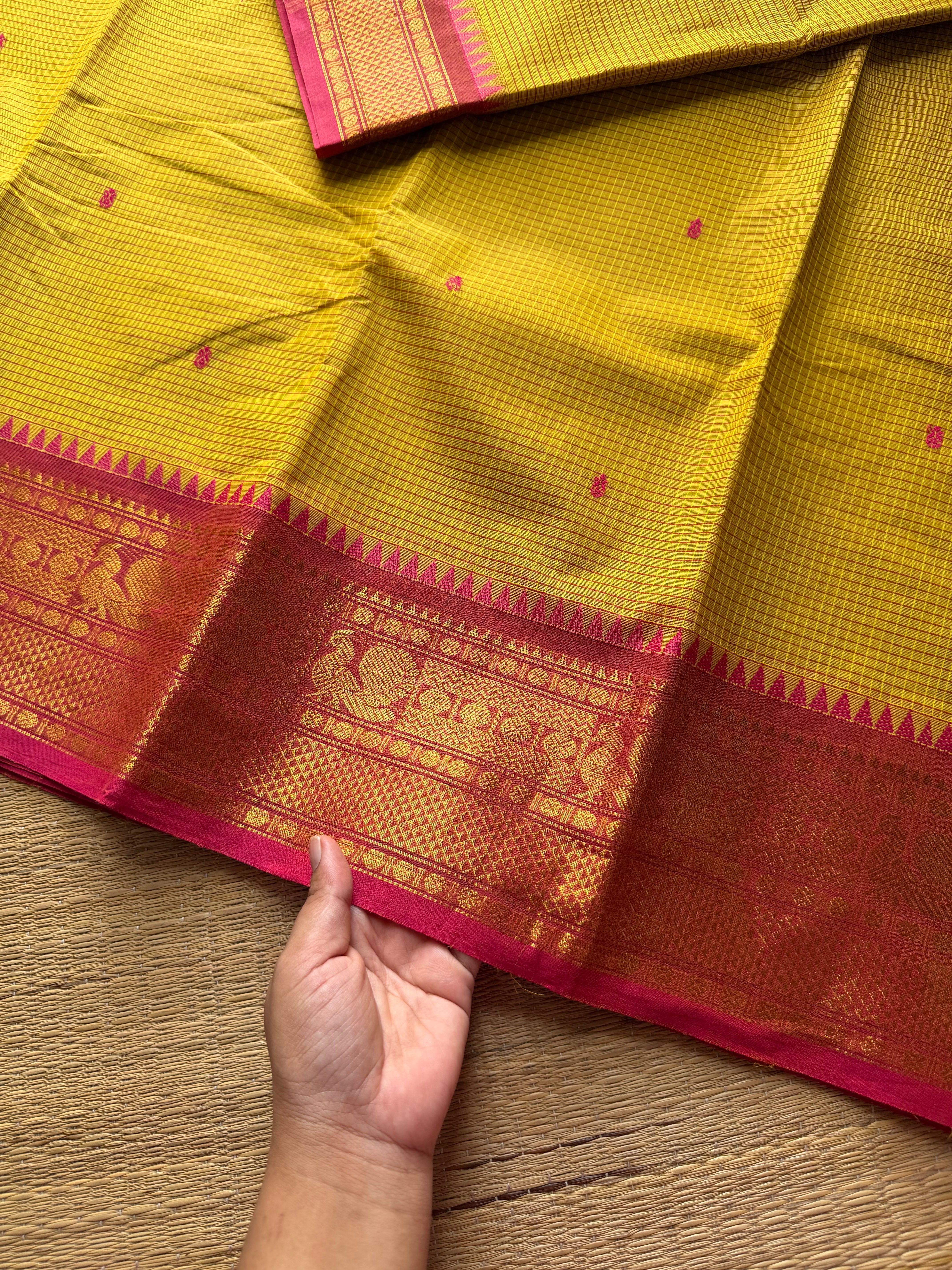 RF563 Mustard yellow with contrast pinkish peach combo podikattam / small checks pattern Kanchi cotton saree with handmade thread buttas