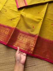RF563 Mustard yellow with contrast pinkish peach combo podikattam / small checks pattern Kanchi cotton saree with handmade thread buttas
