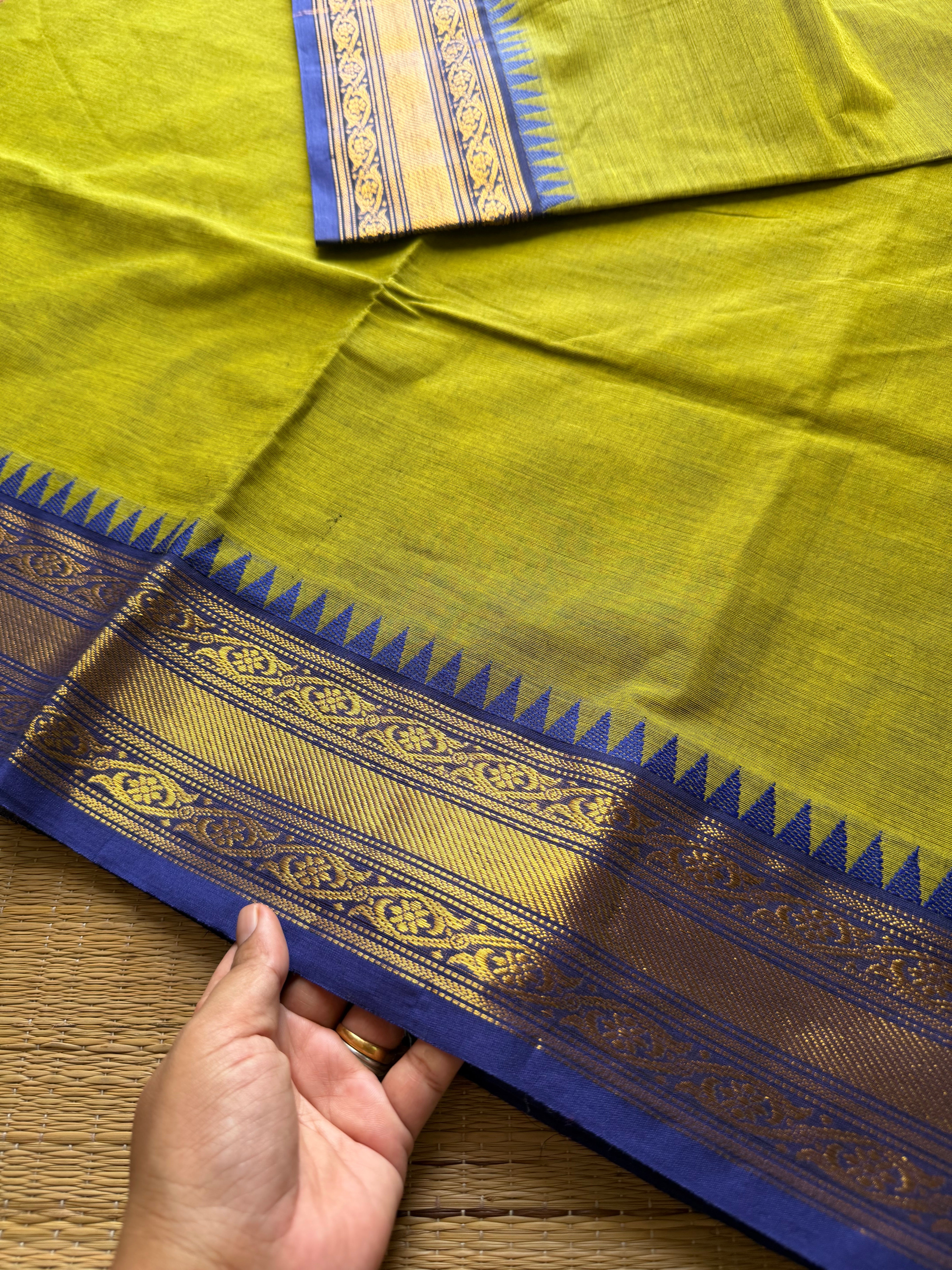 RF706 Green with royal blue  ~ Medium Size Border Kanchi Cotton Saree
