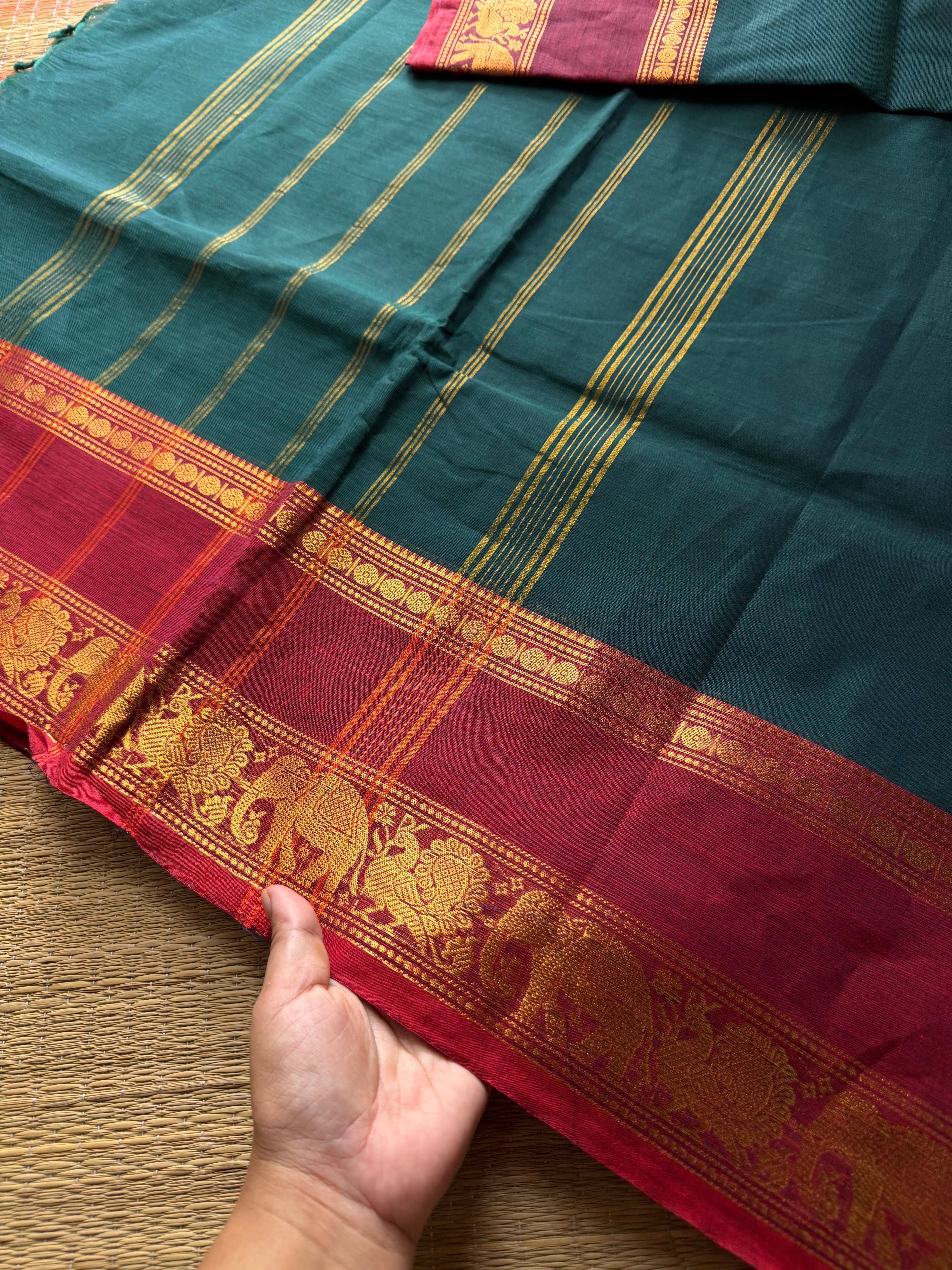RF518 Dark Teal Green With Maroon Combination Silk Saree Inspired Kanchi Cotton Saree with Annam and elephant pattern
