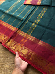RF518 Dark Teal Green With Maroon Combination Silk Saree Inspired Kanchi Cotton Saree with Annam and elephant pattern
