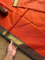 RF330 Orange with green combination small border Kanchi cotton saree with handmade golden Zari Buttas