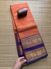 Dual Tone Orange With Purple Shade Retta Patta Border Kanchi Cotton Saree With Handmade Thread Buttas