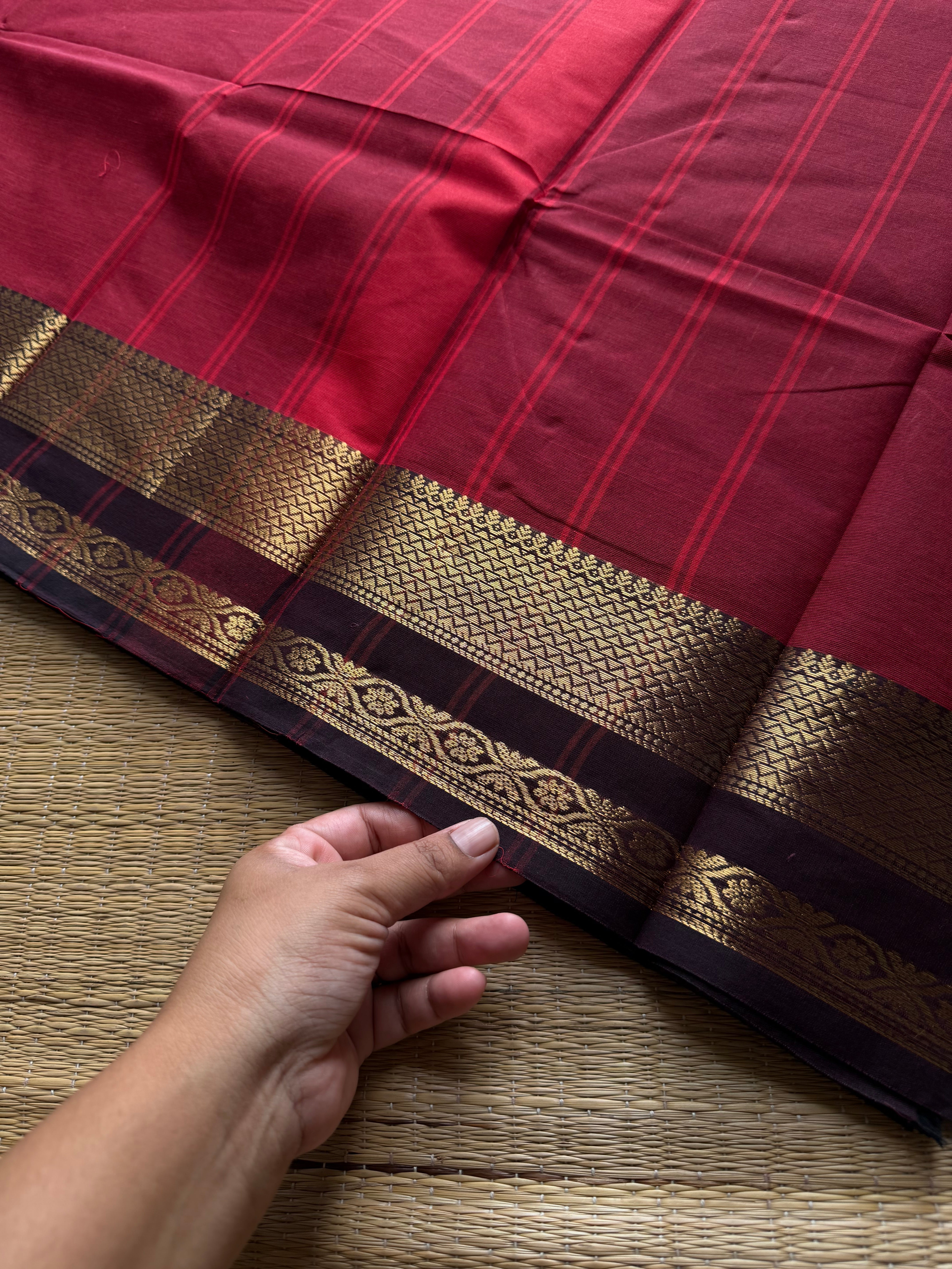 RF925 Reddish maroon with brown combination Kanchi cotton saree with unique border