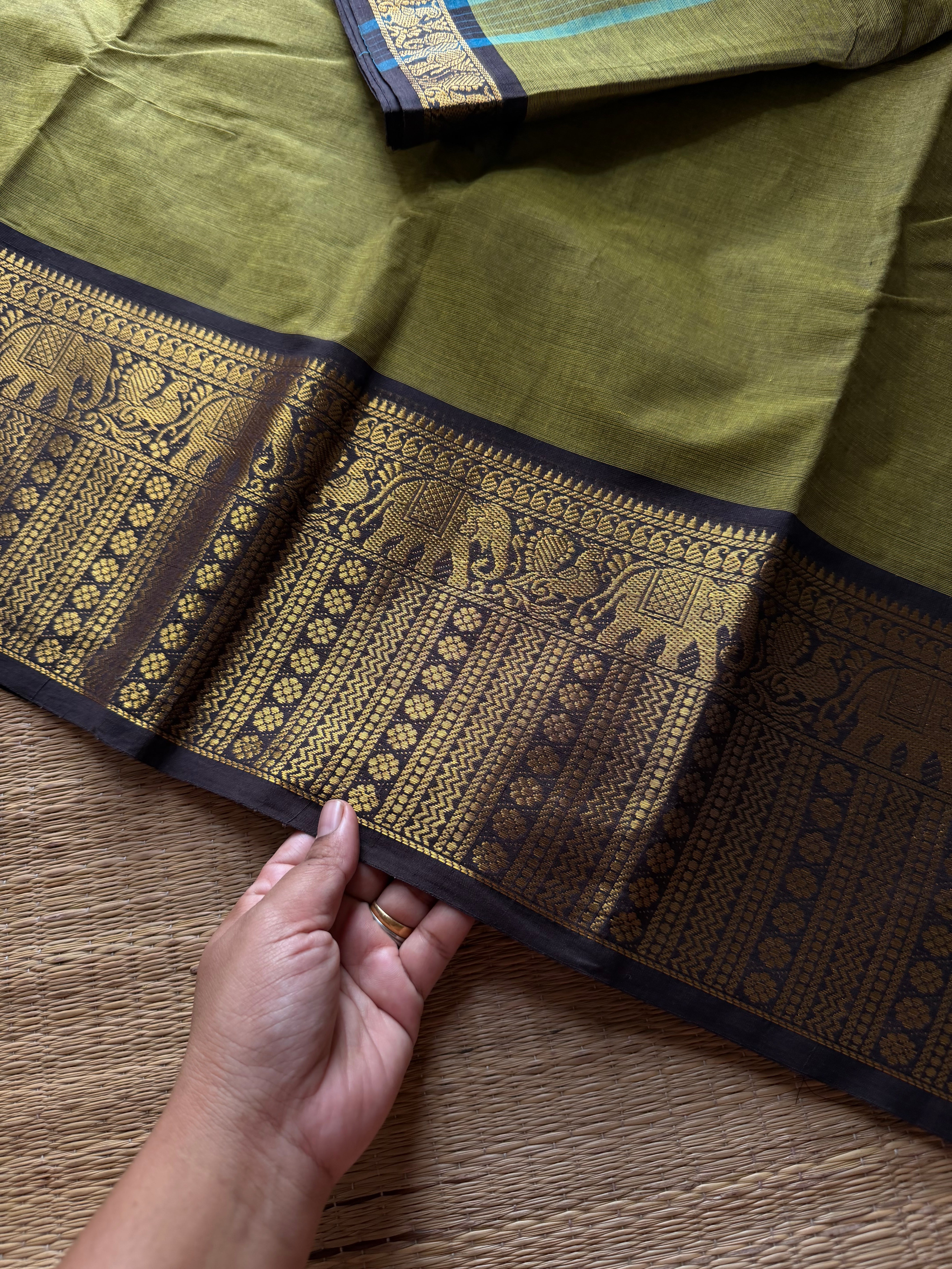 RF1367 Olive green with brown ~ Kanchi Cotton Saree