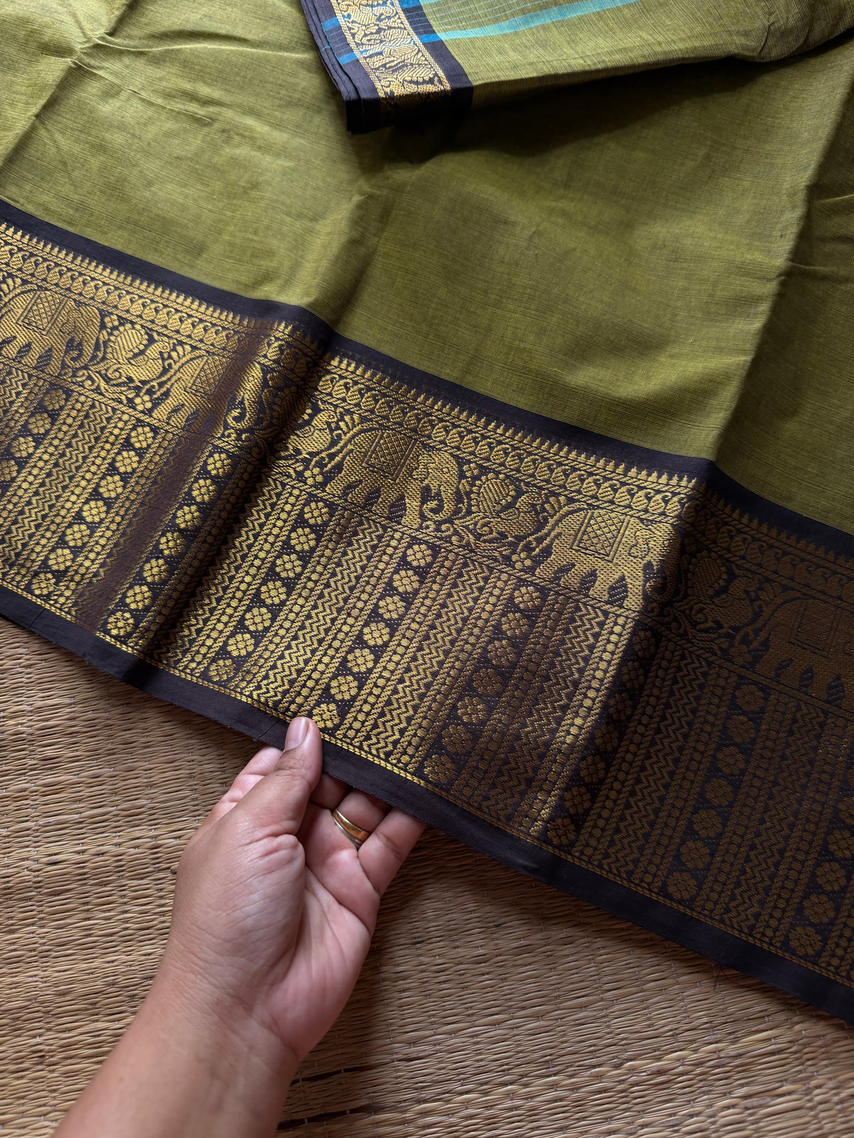 RF1367 Olive green with brown ~ Kanchi Cotton Saree