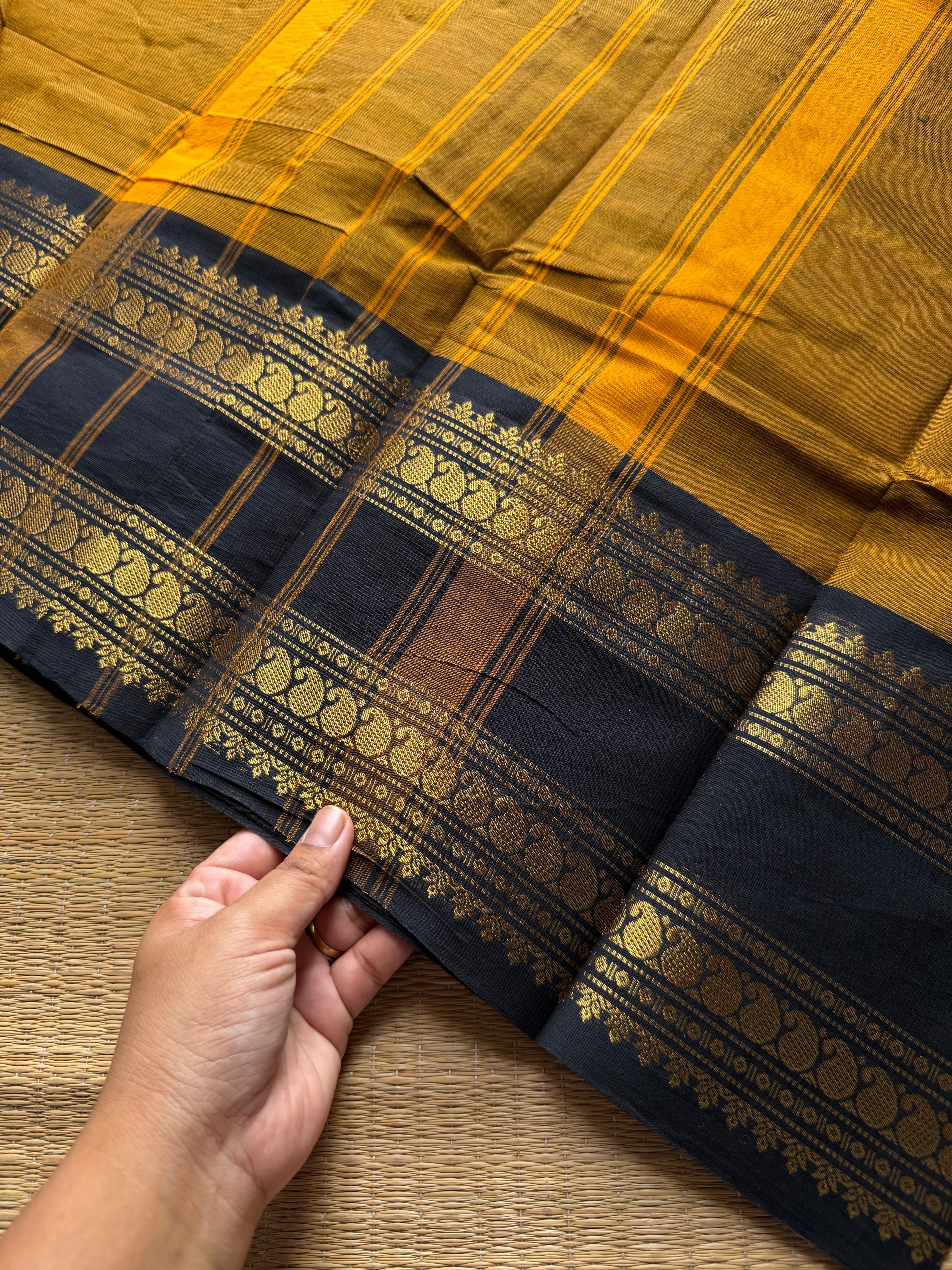 RF1225 Mustard with black Kanchi cotton saree with gap border