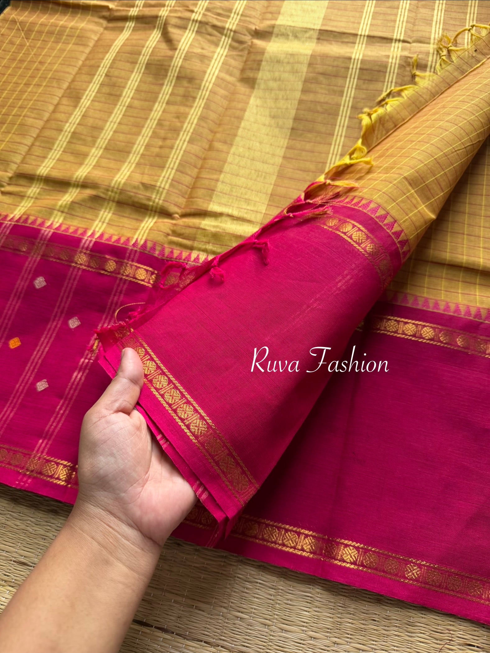 RF27 Yellow & green mixed shade with dark pink Vintage Style Border with checks pattern & handwoven Buttas on the border - RF27
