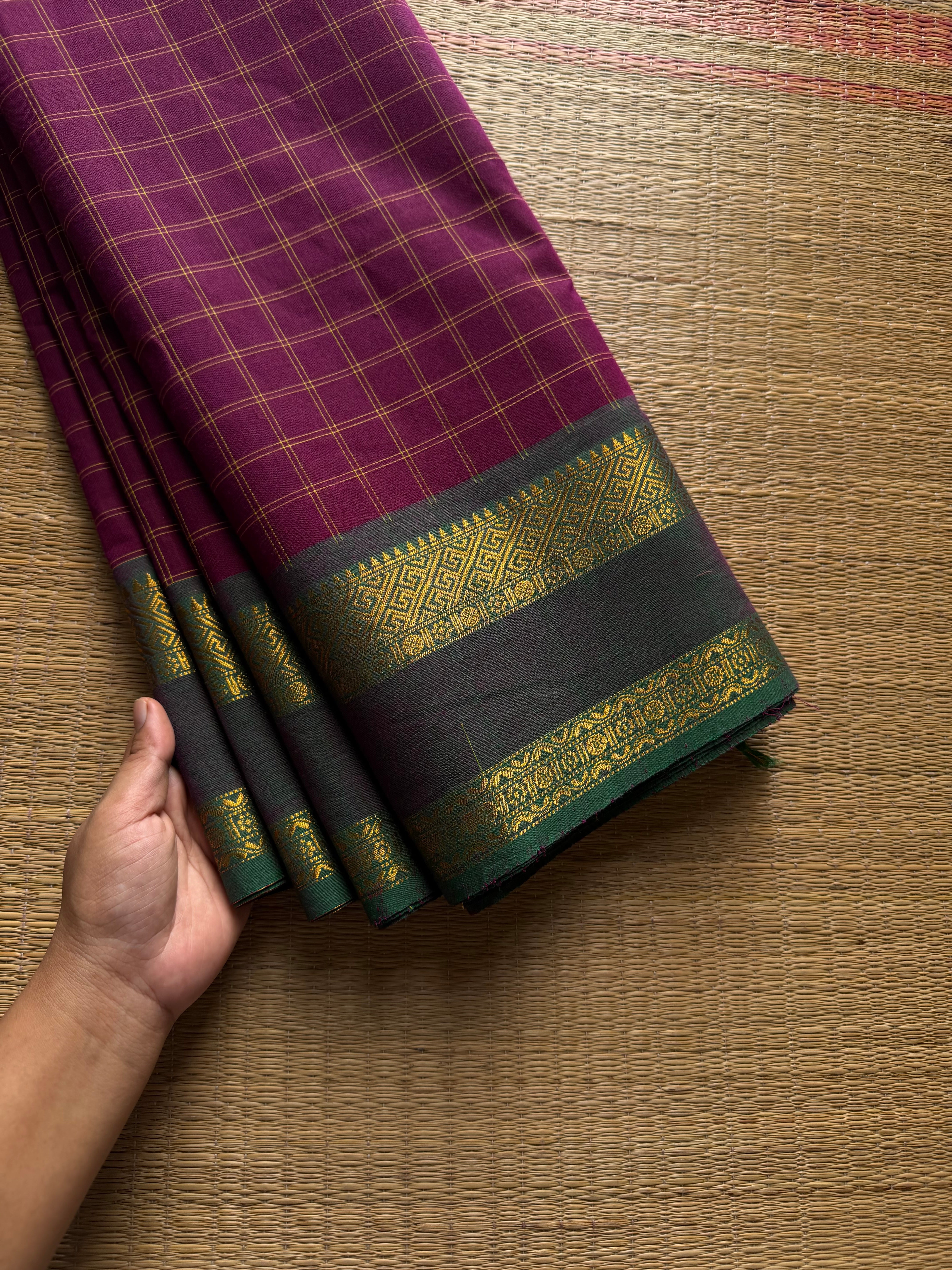 RF1153 Vintage Kattam ~ Magenta pink with green combination Kanchi cotton saree