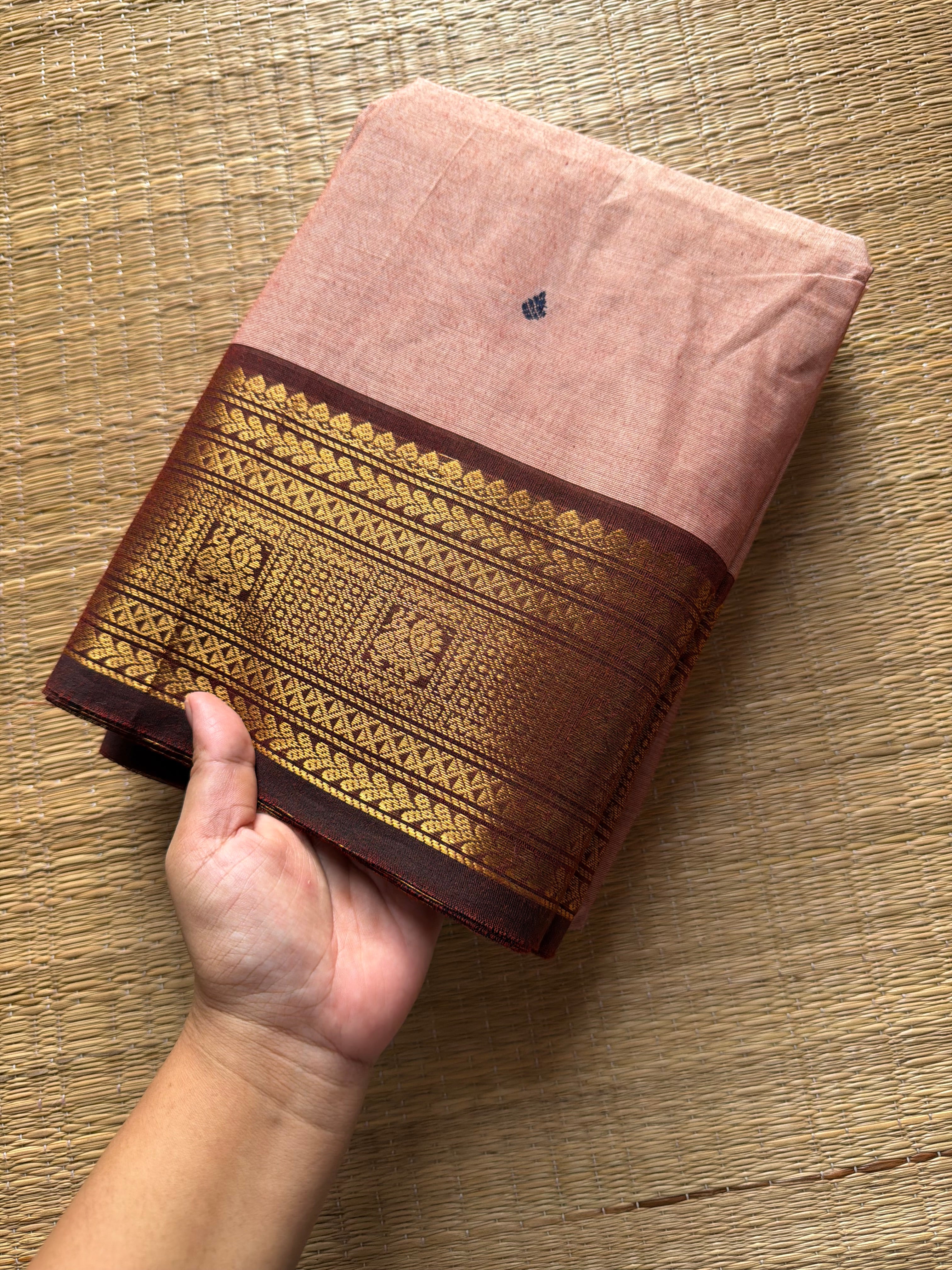 Beige with brown combination Kanchi cotton saree with handmade thread buttas