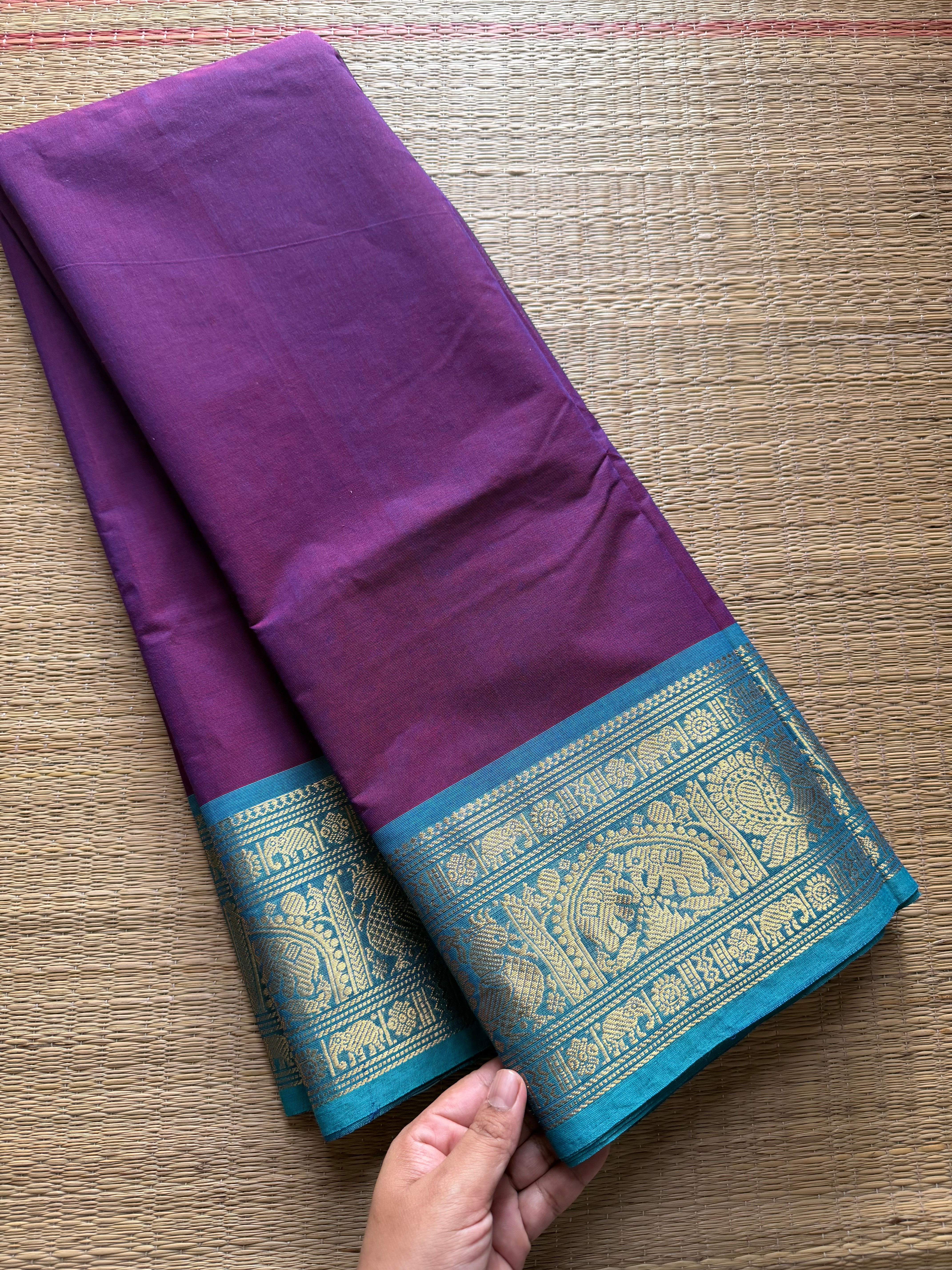 RF324 Silk saree inspired Kanchi cotton saree with Magenta Pink & sky blue combination Annam & elephant pattern Zari border