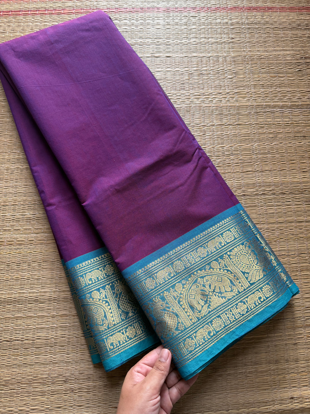 RF324 Silk saree inspired Kanchi cotton saree with Magenta Pink & sky blue combination Annam & elephant pattern Zari border