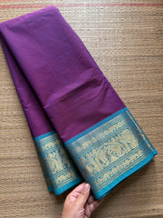 RF324 Silk saree inspired Kanchi cotton saree with Magenta Pink & sky blue combination Annam & elephant pattern Zari border