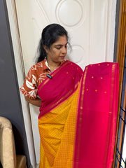 RF533 Mango shade with contrast pink combination Vintage l Border Kanchi Cotton Saree With kattam / checks pattern & handwoven Buttas on the border
