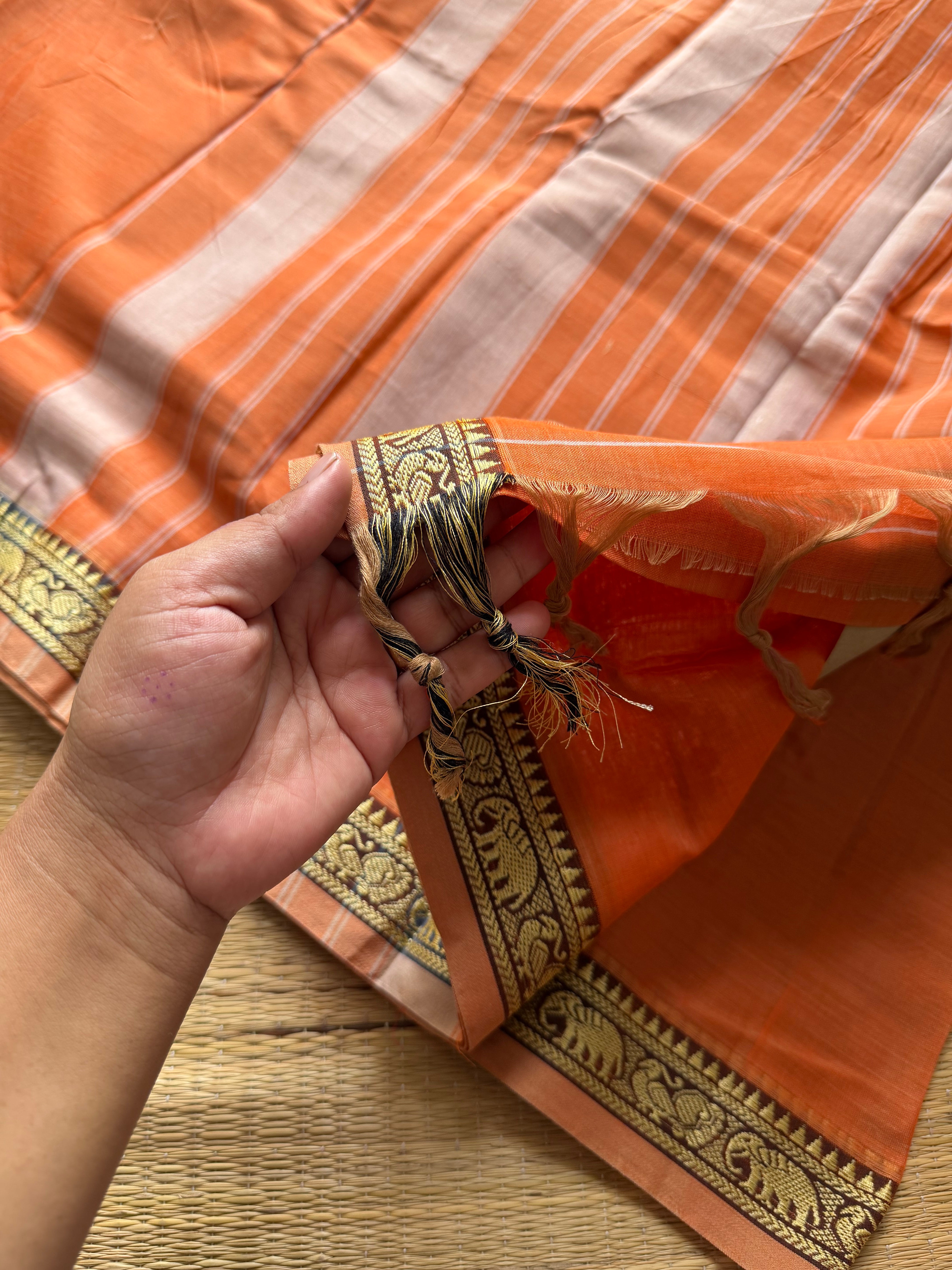 RF821 Dual tone orange shade Mercerised Narayanpet cotton saree with small border