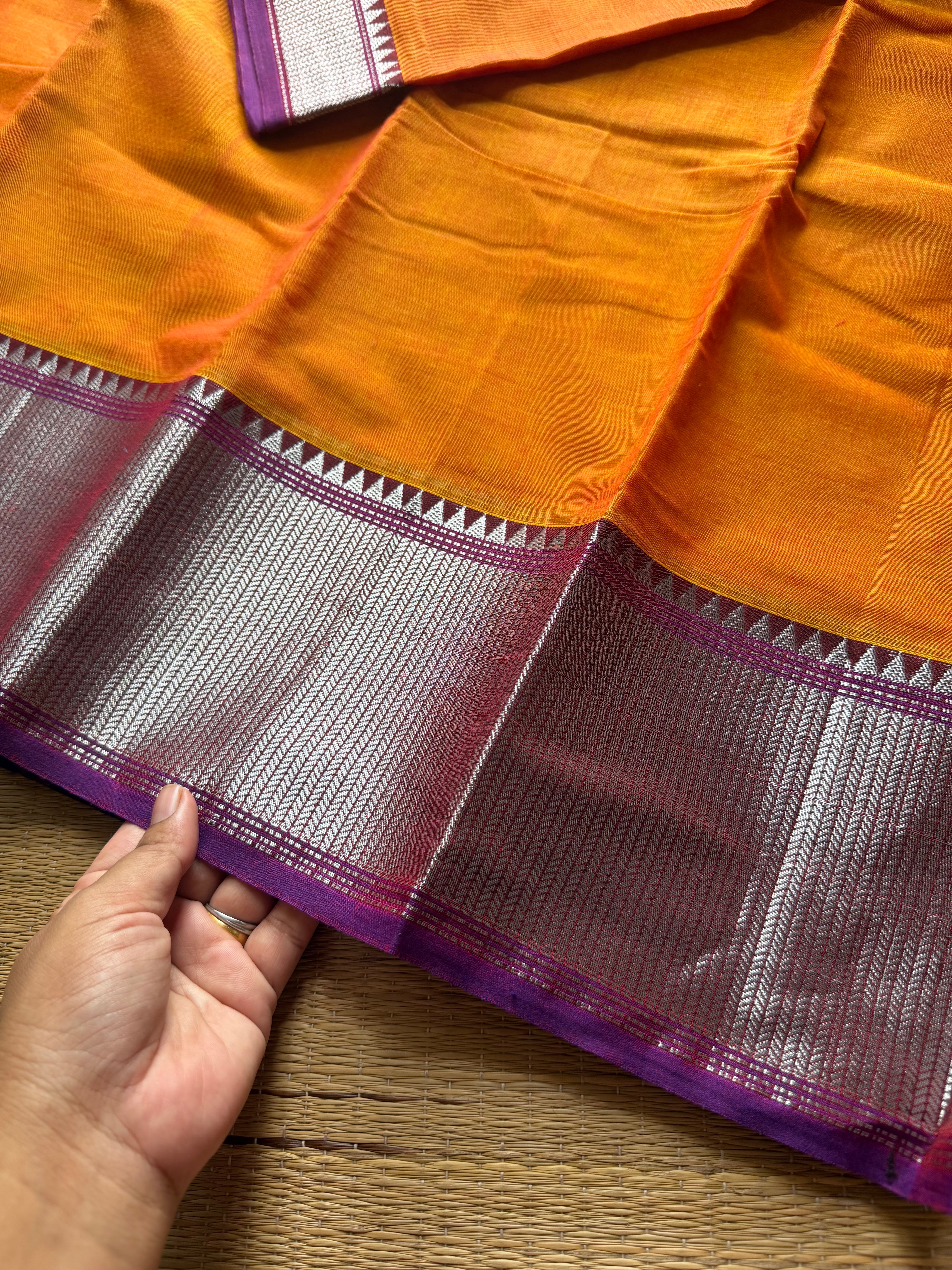 RF836 Silver Zari Mercerised Narayanpet Cotton Saree ~ Orange