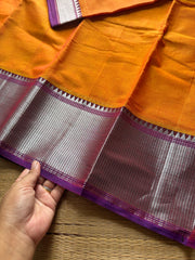 RF836 Silver Zari Mercerised Narayanpet Cotton Saree ~ Orange