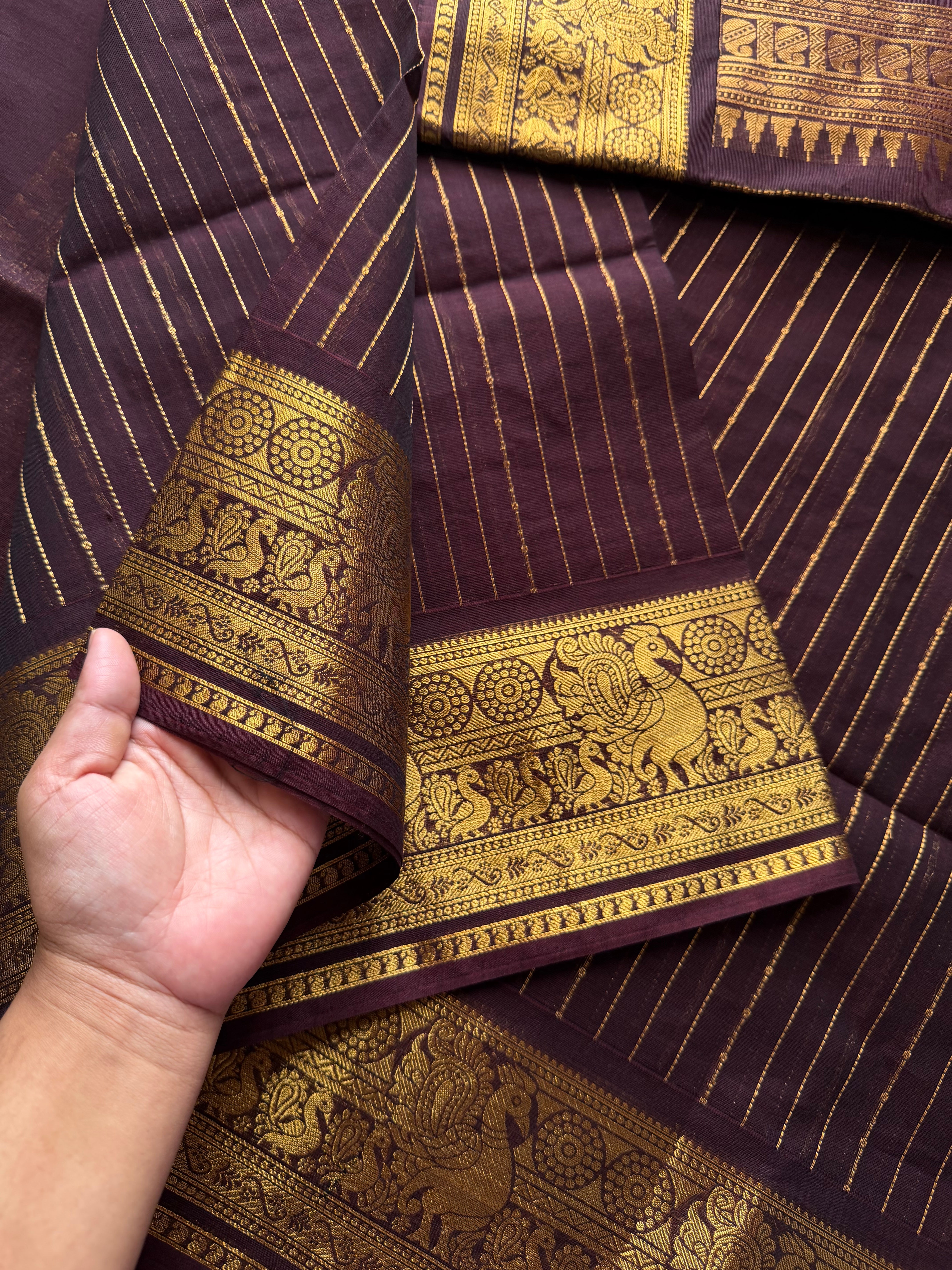 RF660 Rich Pallu Kanchi Cotton Saree with Vairaoosi Pattern ~ Monotone deep coffee brown