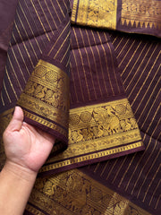 RF660 Rich Pallu Kanchi Cotton Saree with Vairaoosi Pattern ~ Monotone deep coffee brown