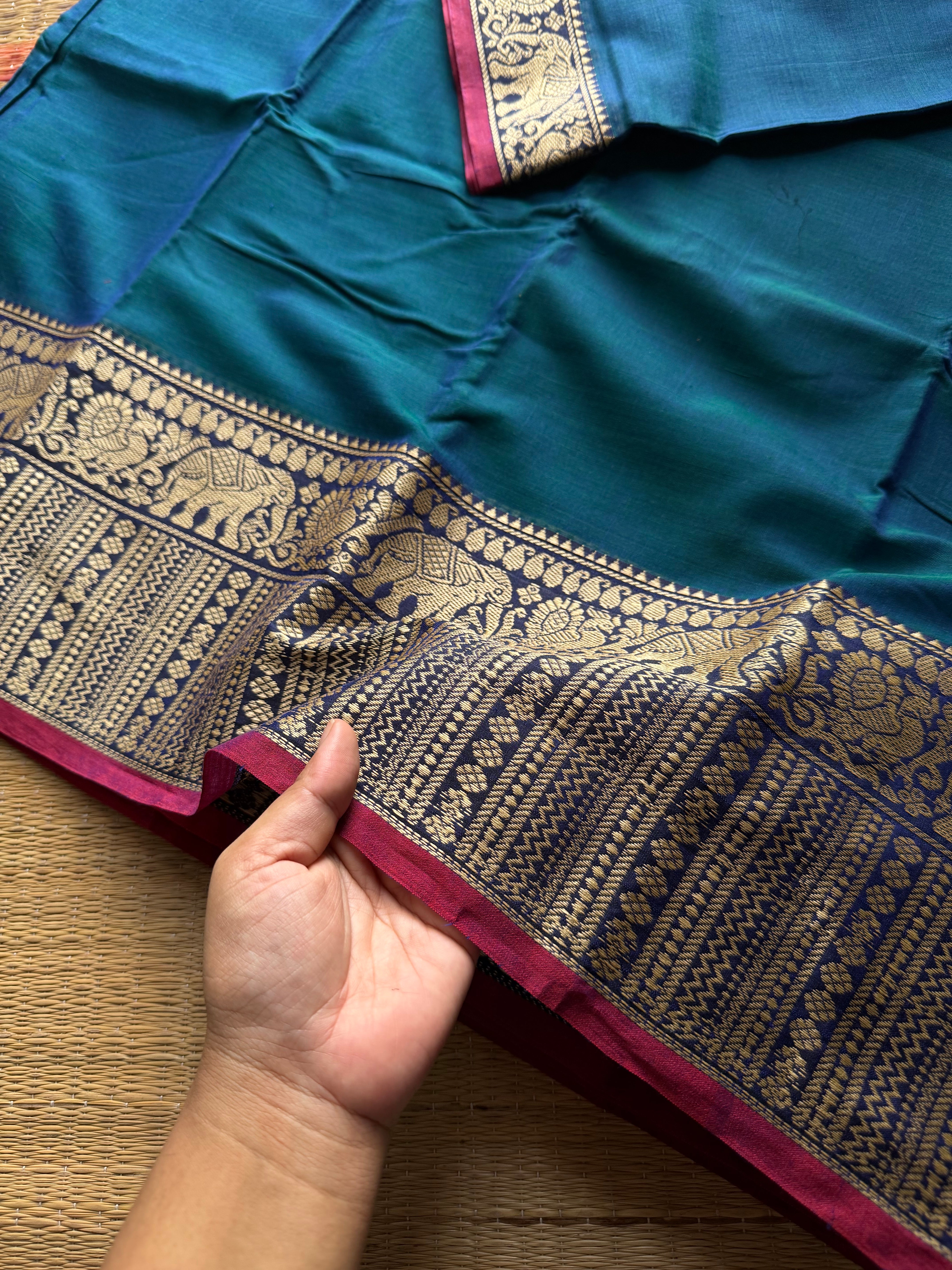 RF1432 Peacock blue shade ~ Mercerised Narayanpet big thread border soft cotton saree