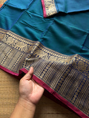 RF1432 Peacock blue shade ~ Mercerised Narayanpet big thread border soft cotton saree