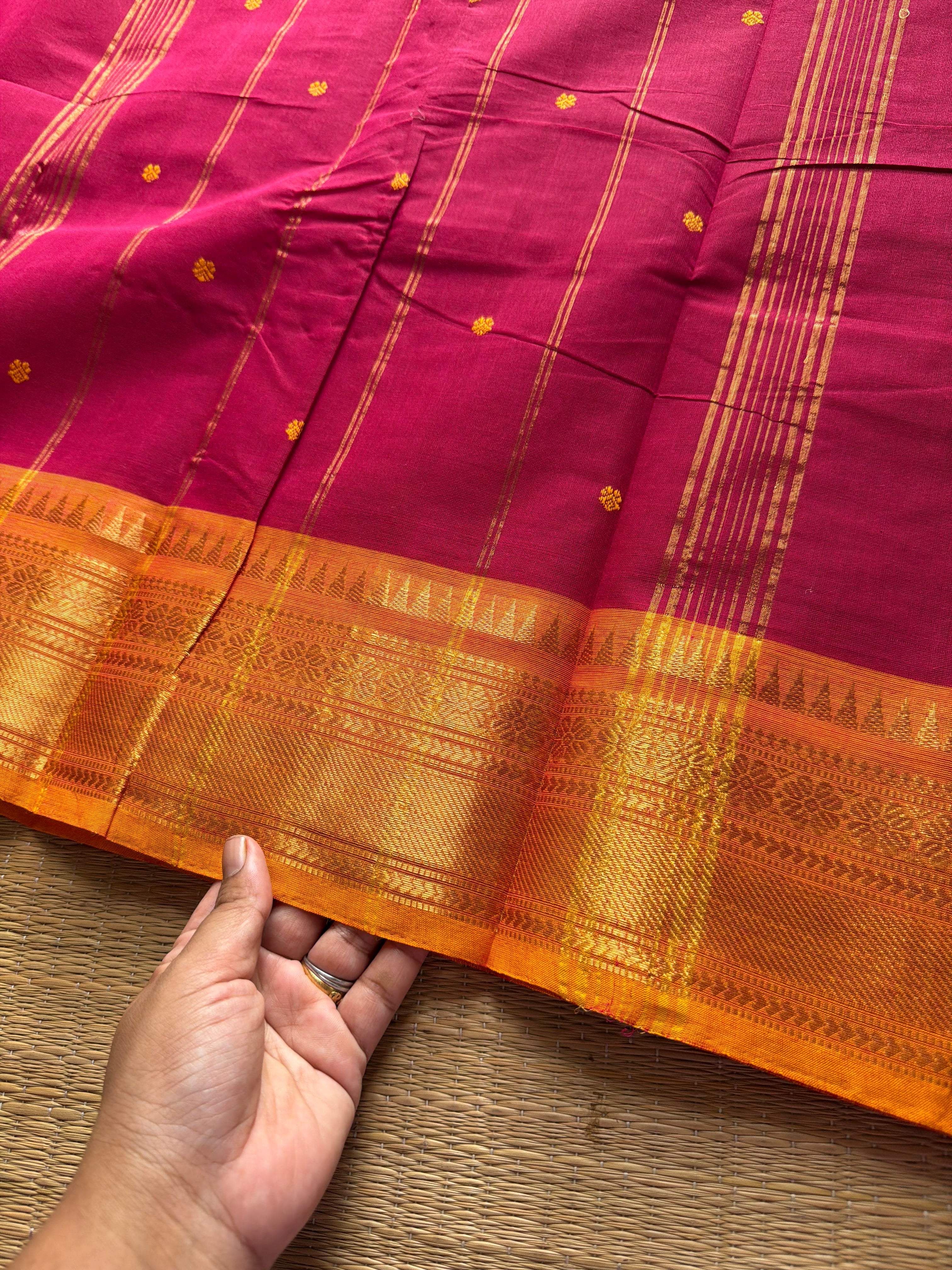 RF606 Magenta Pink with orange combination shade Kanchi cotton saree with handmade thread buttas