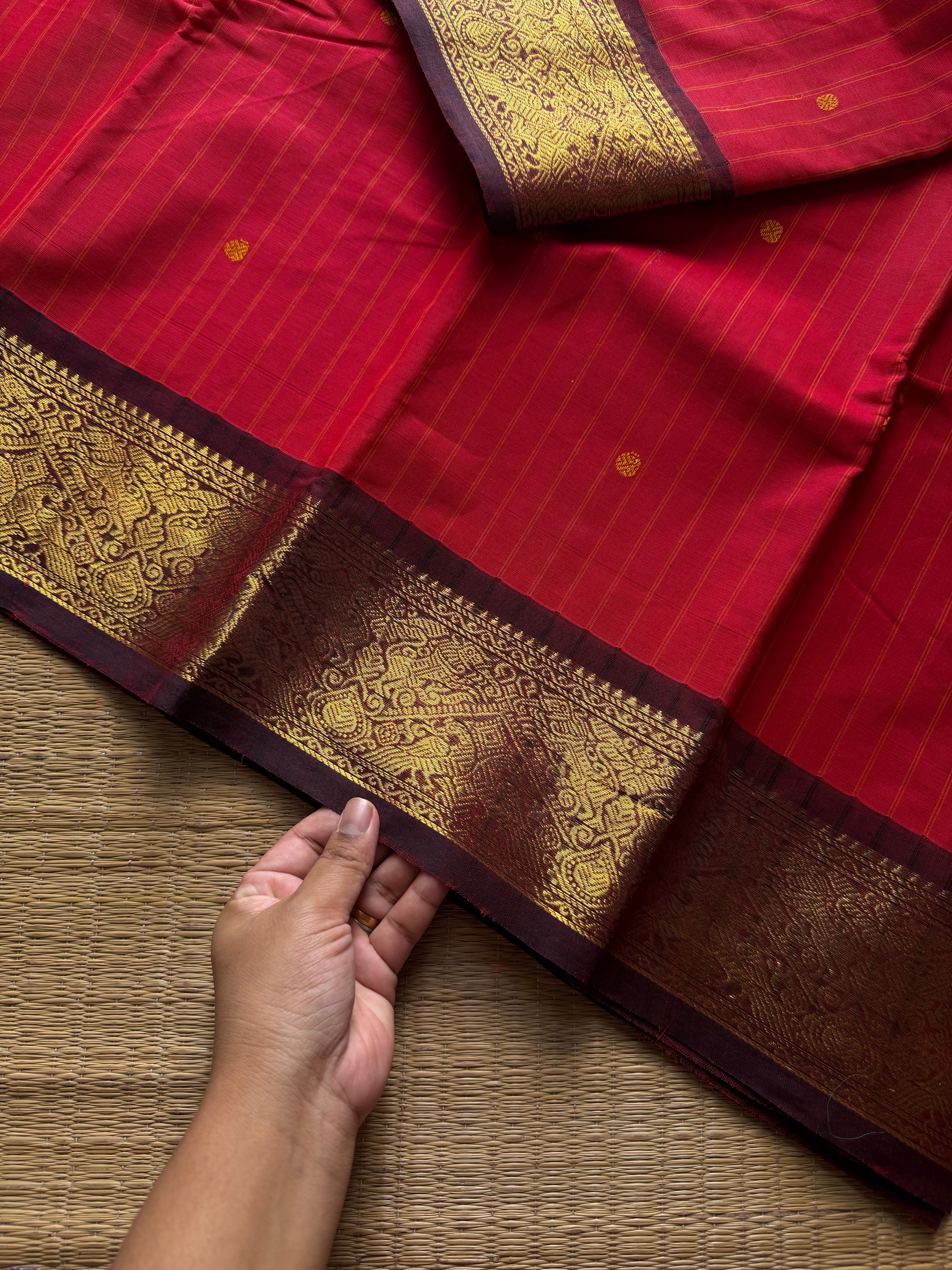 RF1412 Chilli red with brown ~ Vanasingaram border Kanchi cotton saree with handmade thread buttas