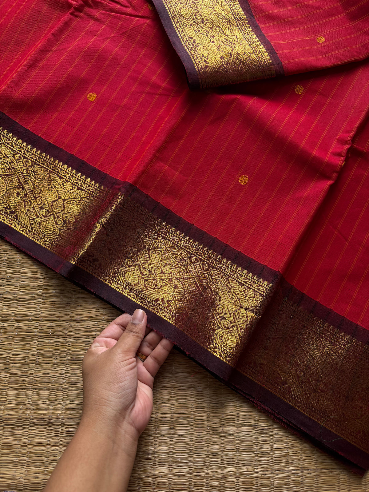 RF1412 Chilli red with brown ~ Vanasingaram border Kanchi cotton saree with handmade thread buttas