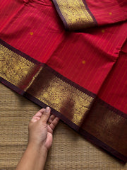 RF1412 Chilli red with brown ~ Vanasingaram border Kanchi cotton saree with handmade thread buttas