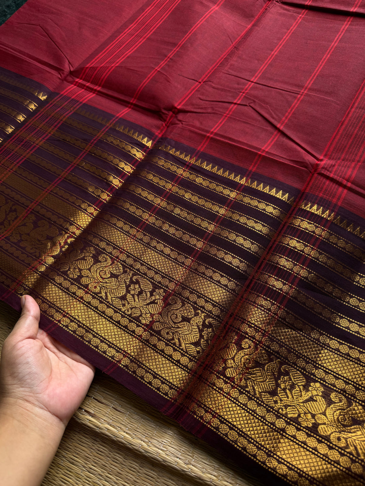 RF1038 Reddish maroon with brown ~ Silk Saree Inspired Varisaipet big / long border Kanchi cotton saree