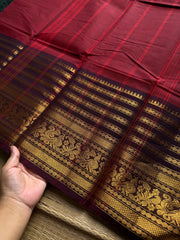 RF1038 Reddish maroon with brown ~ Silk Saree Inspired Varisaipet big / long border Kanchi cotton saree