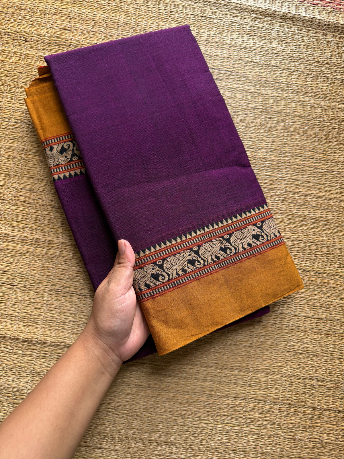 RF482 Purple with mustard combination elephant pattern mercerised Narayanpet cotton saree