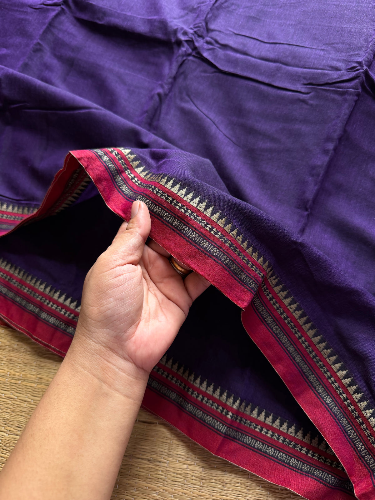 RF459 Purple with red combination Mercerised Narayanpet cotton saree with small thread border