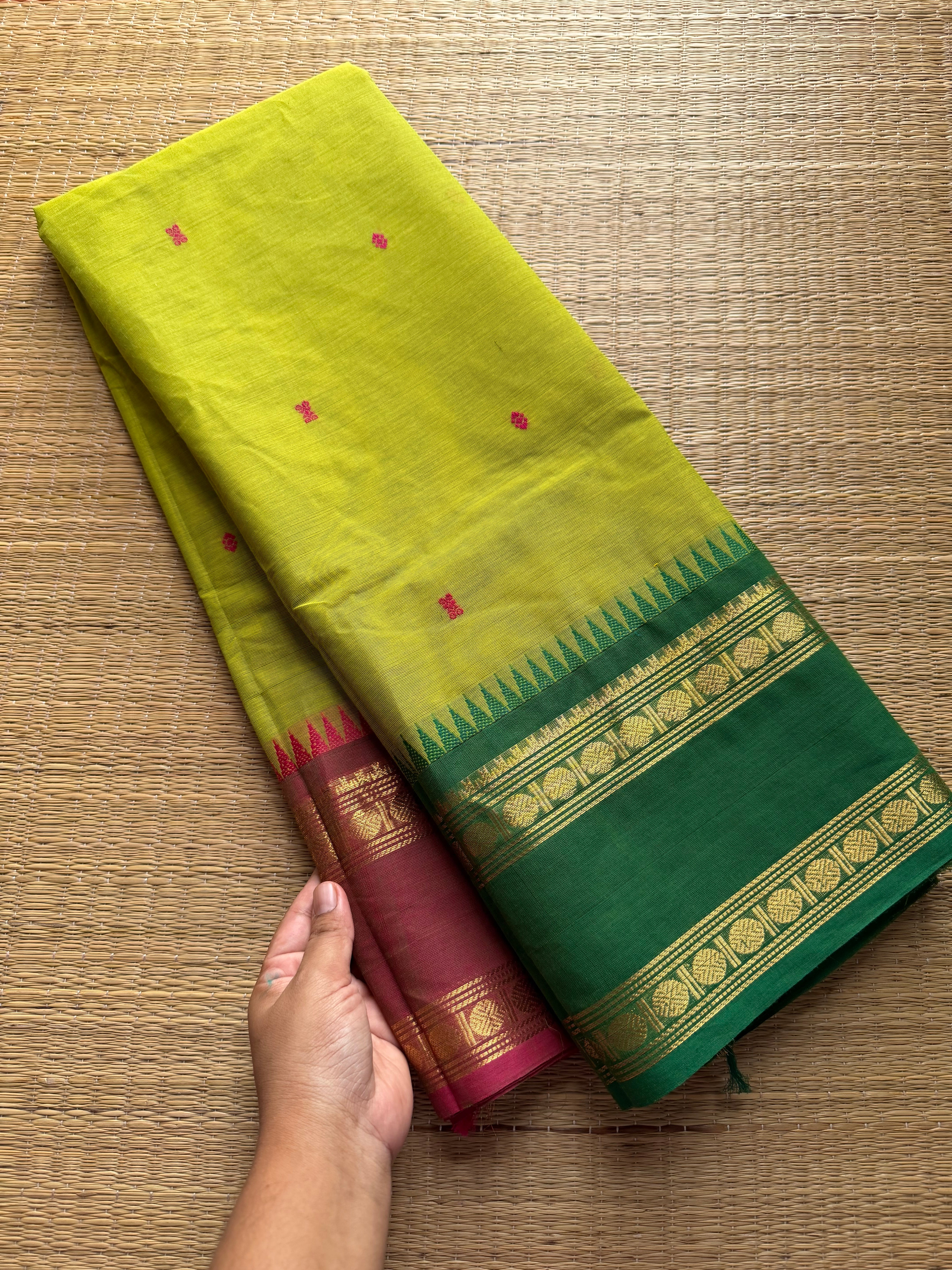 RF290 Dual tone parrot green shade Kanchi cotton saree with Ganga Jamuna Rettapet Border & Handmade thread buttas