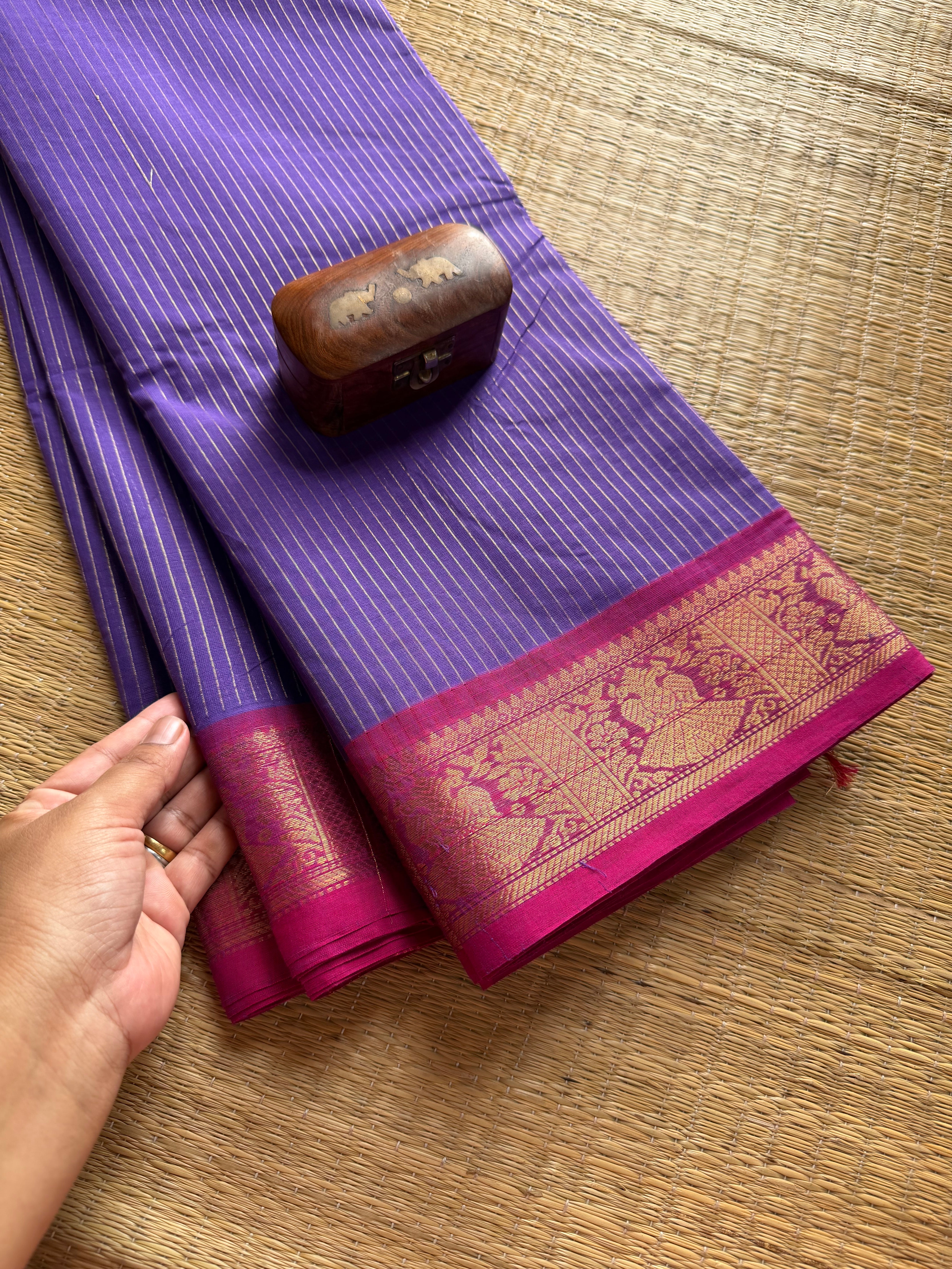 RF198 Violet shade with contrast pink combination traditional Korvai style border Kanchi cotton saree with vaira Oosi pattern