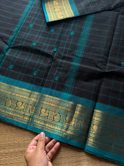 RF586 Black with teal blue combination Kanchi Kattam / checks pattern saree with handmade thread buttas