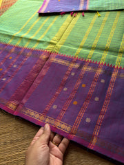 RF558 Dual tone Apple green shade with lavender combination Vintage Border Kanchi Cotton Saree With kattam / checks pattern & handwoven Buttas on the border