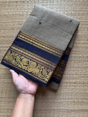 Grey Kanchi Cotton Saree With Contrast Navy Blue Shade Annam & lotus pattern border and handmade thread buttas