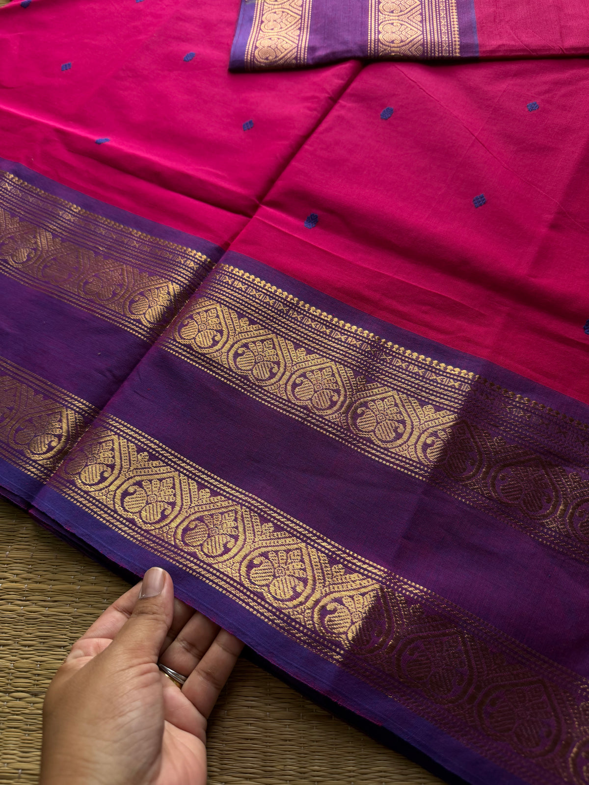 Magenta pink shade Kanchi cotton saree with handmade thread buttas