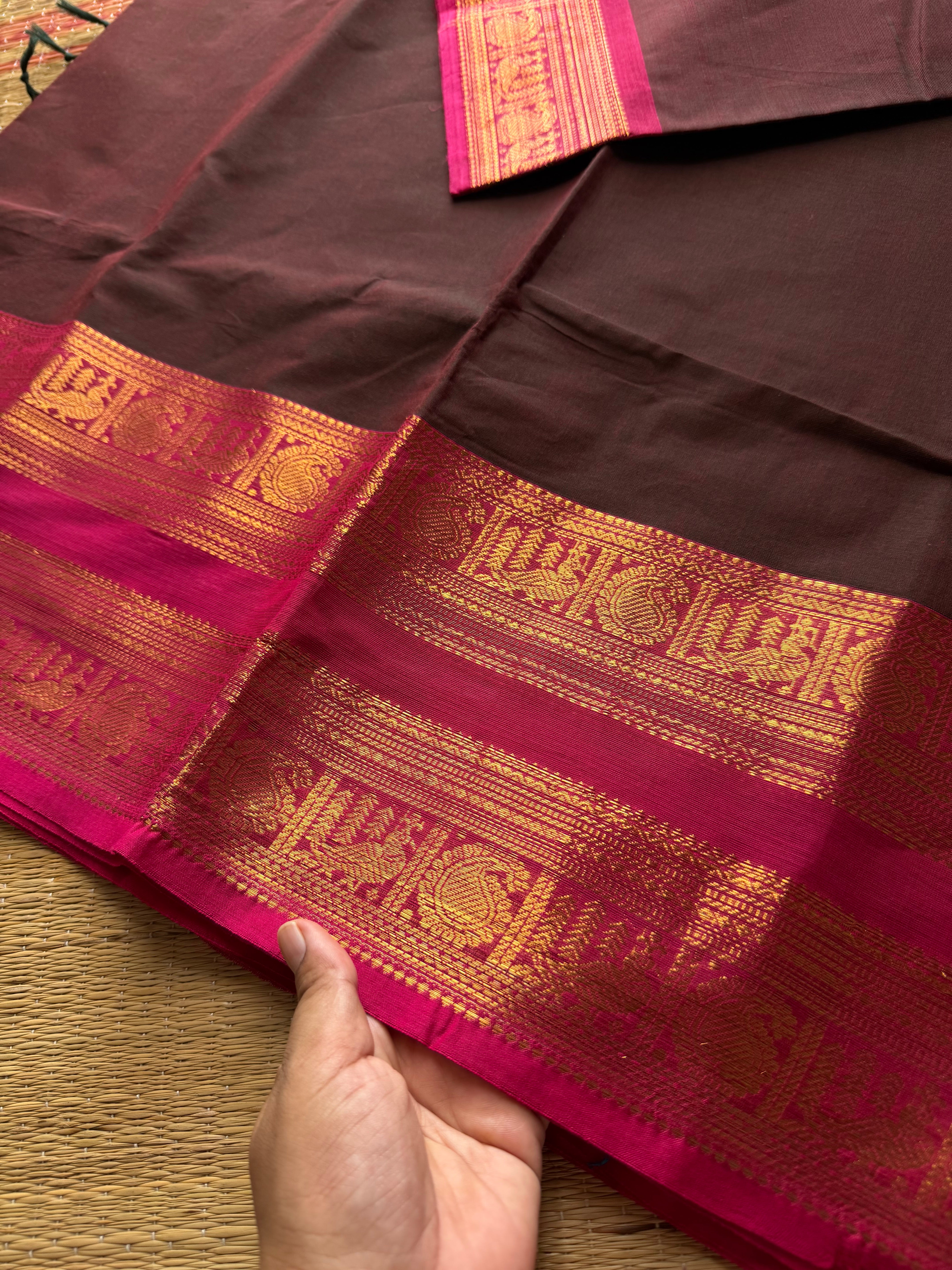Brown shade Kanchi cotton saree with contrast Rettapet border