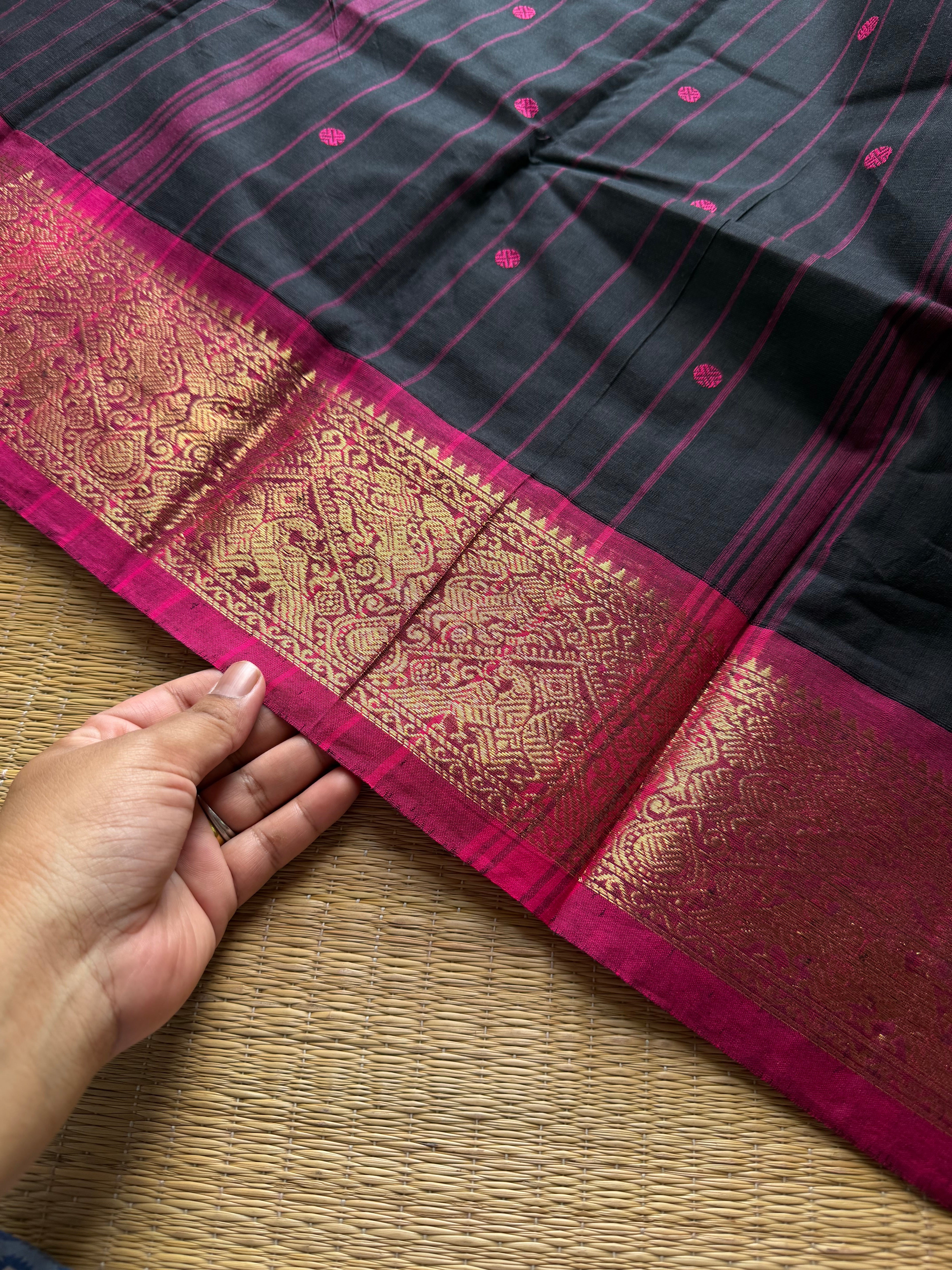 RF814 Black shade Kanchi cotton saree with Vanasingaram border and handmade thread buttas