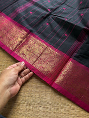 RF814 Black shade Kanchi cotton saree with Vanasingaram border and handmade thread buttas