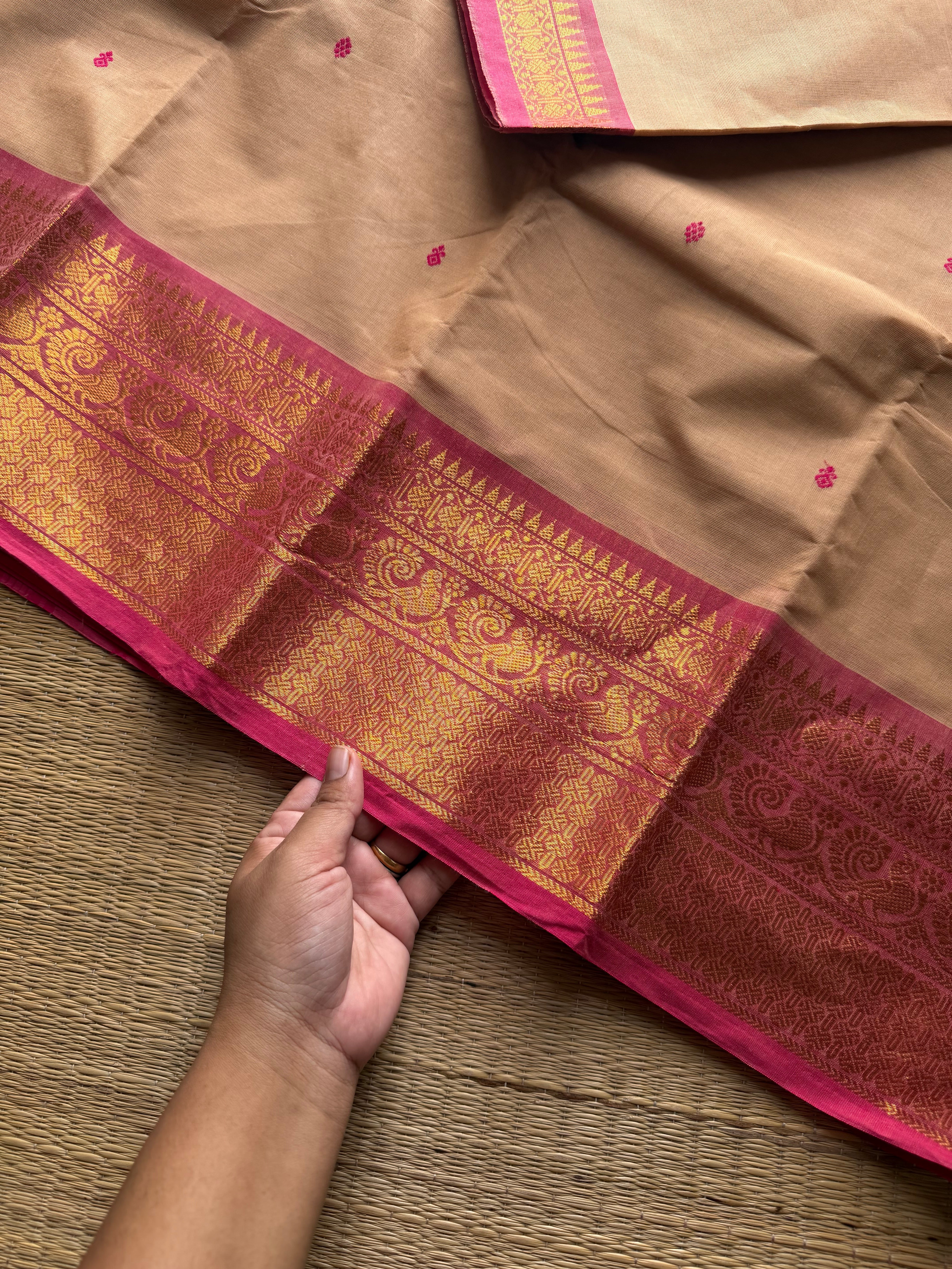 RF1194 Beige with pink Kanchi cotton saree with handmade thread buttas
