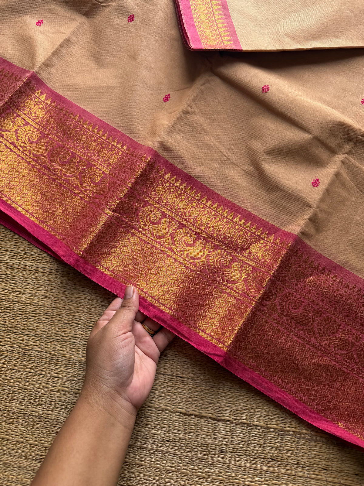 RF1194 Beige with pink Kanchi cotton saree with handmade thread buttas